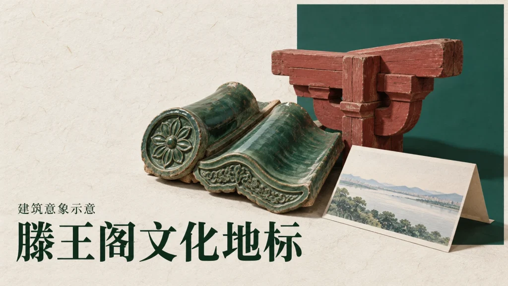 绿色琉璃瓦构件、朱红木构榫卯和赣江研究卡组成的滕王阁建筑意象示意