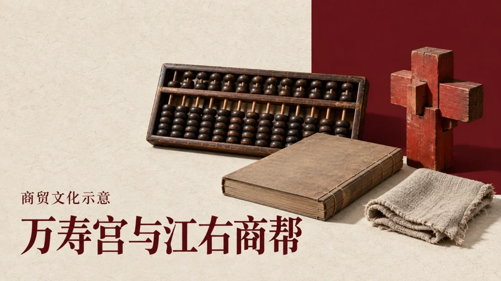 木算盘、线装账册、布匹和朱红木构组成的万寿宫与江右商帮文化示意