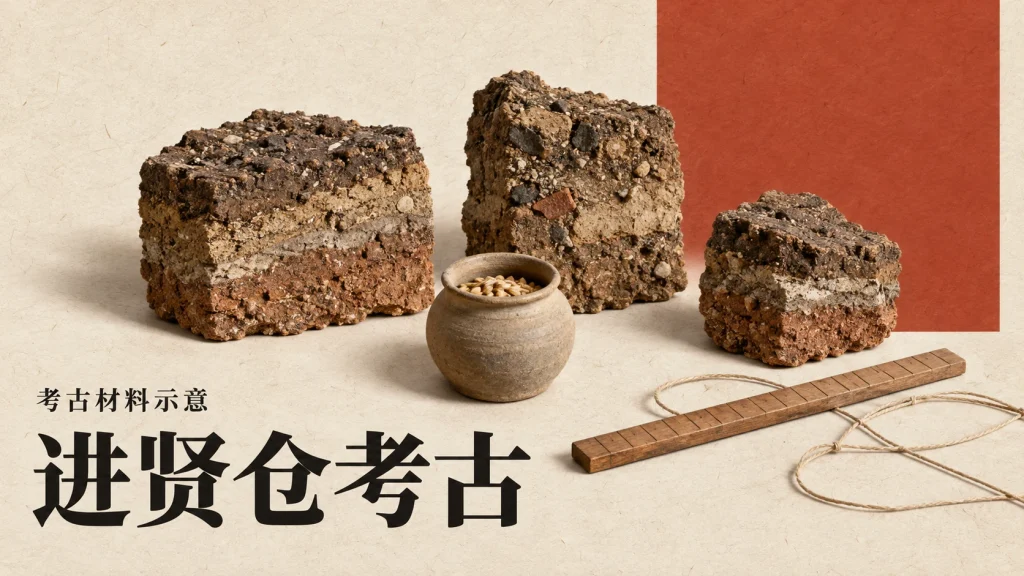 夯土砖块标本、陶器残片、量尺与考古记录组成的进贤仓考古材料示意