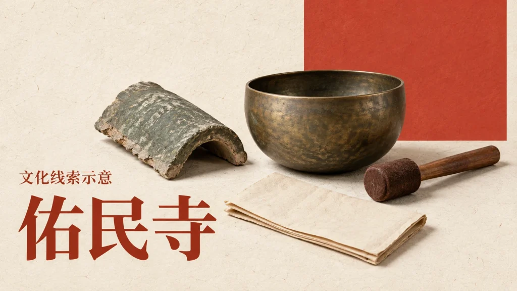 青瓦构件、铜钟、木槌和线装册组成的佑民寺文化线索示意