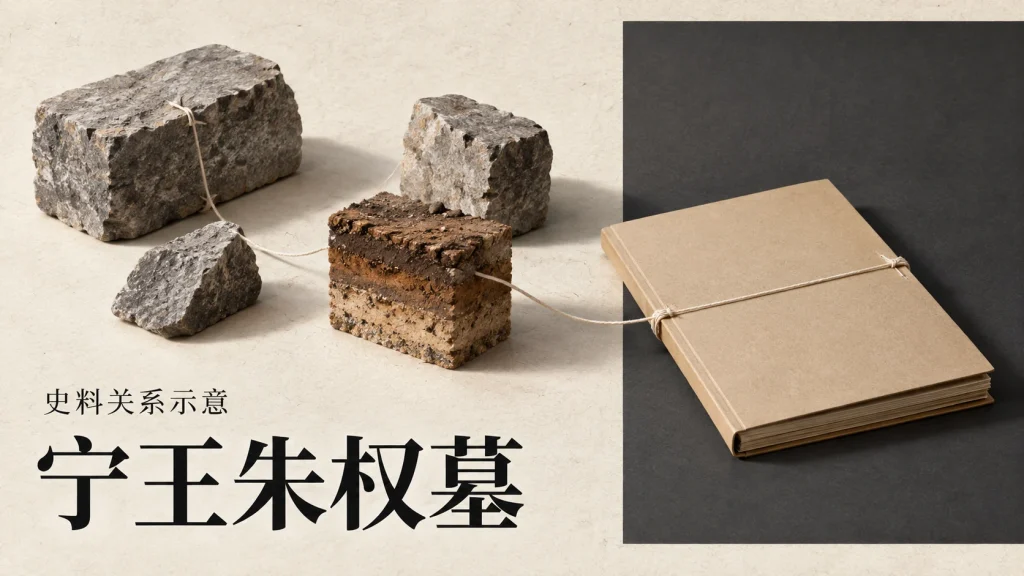 墓砖标本、方石与线装档案组成的宁王朱权墓史料关系示意
