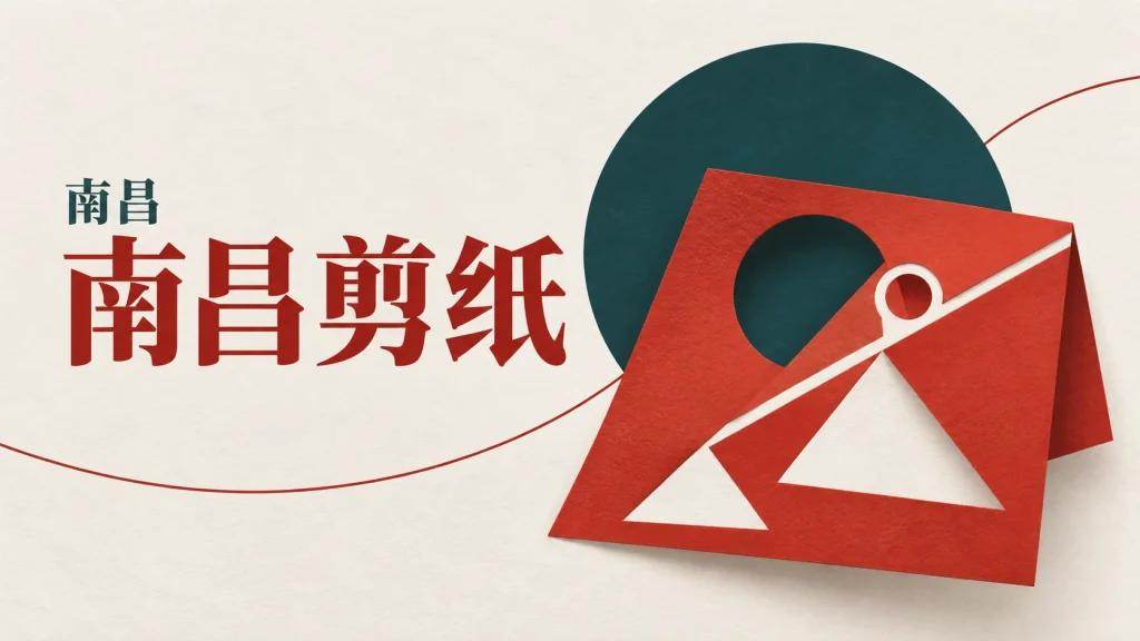 红纸折面、剪刀和正负形缺口组成的南昌剪纸主题抽象示意