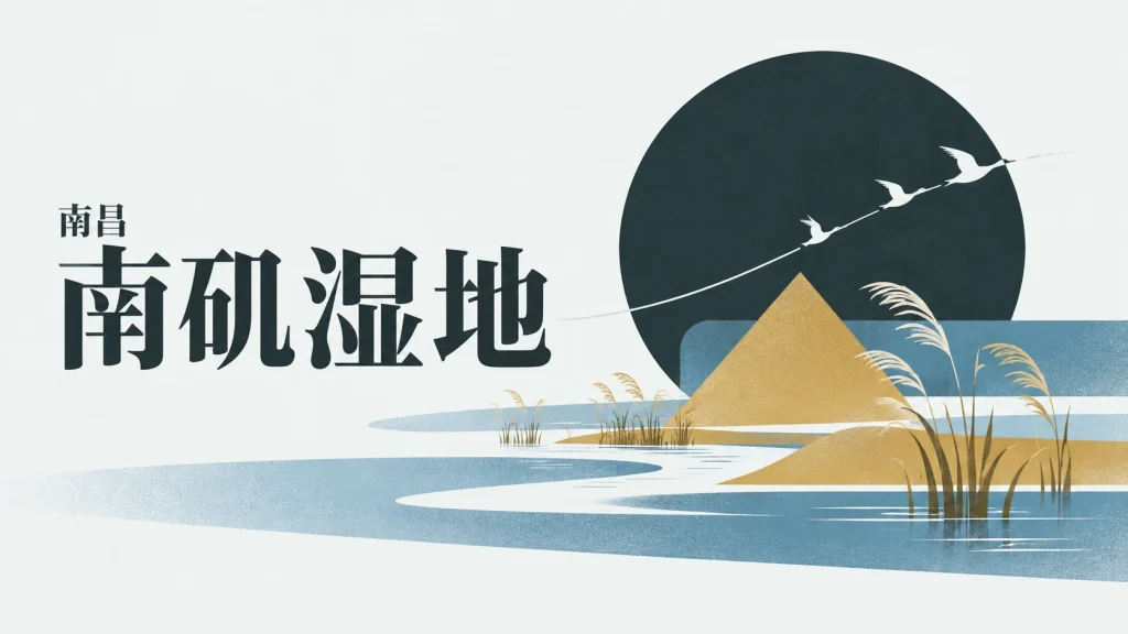 分层水面、洲滩和迁徙弧线组成的南矶湿地主题抽象示意，非实景航拍