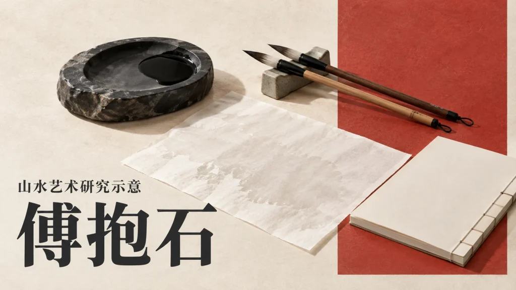 砚台、毛笔、空白宣纸与册页组成的傅抱石山水艺术研究示意