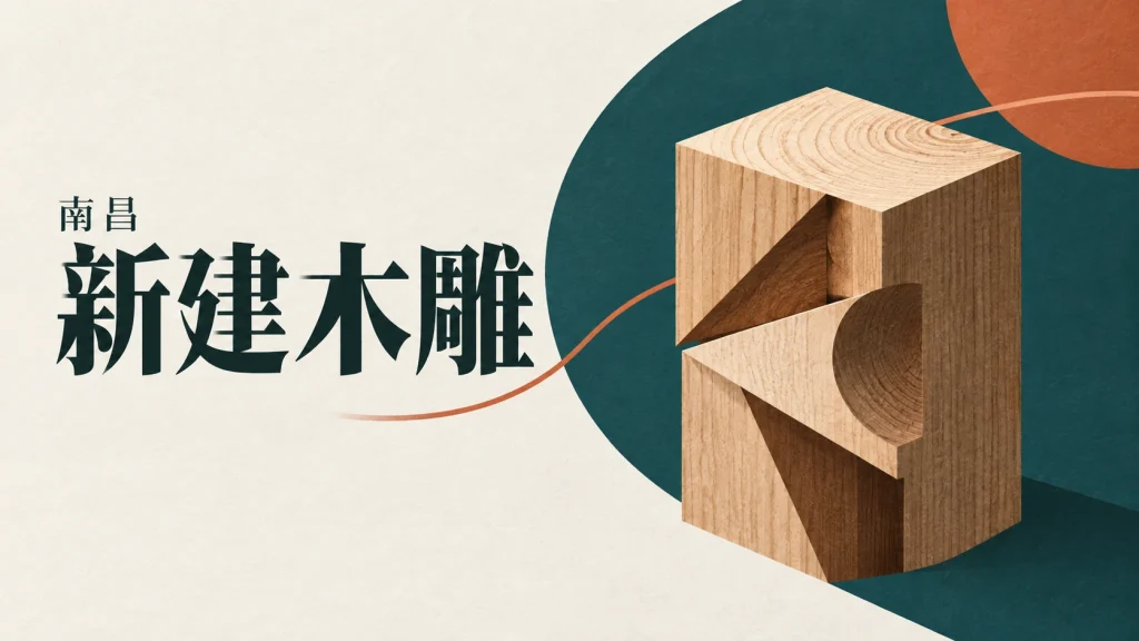 木块与分层减材切面组成的新建木雕主题抽象示意，非传承作品