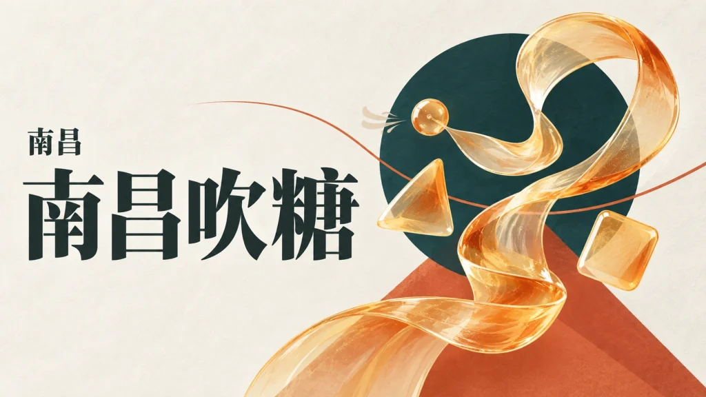 半透明糖色带与吹气符号组成的南昌吹糖人主题抽象示意