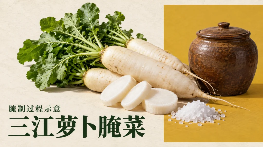 白萝卜、粗盐与陶制腌菜坛组成的三江萝卜腌菜工艺示意