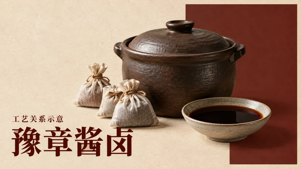 酱卤陶锅、香料布袋与酱汁碗组成的豫章酱卤工艺示意