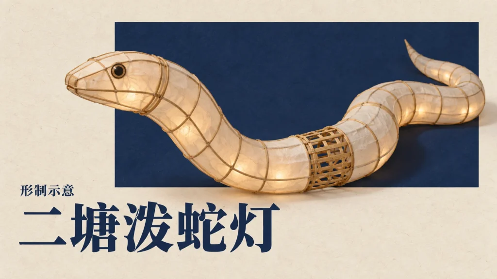 二塘泼蛇灯灯体形制示意：以无角无须的蛇形和有弹性的竹篾骨架表达官方简介中的结构特征，并非实物摄影或现场演出照