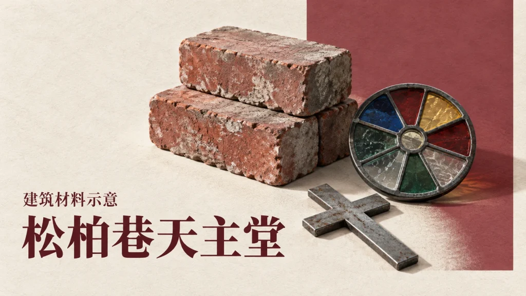 红砖、彩色玻璃圆窗构件与铸铁十字构件组成的松柏巷天主堂建筑材料示意