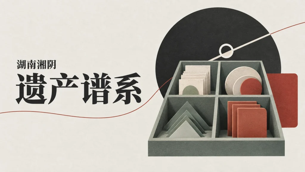 目录盒与分类形状组成的湘阴不可移动文物主题抽象示意，非具体文物