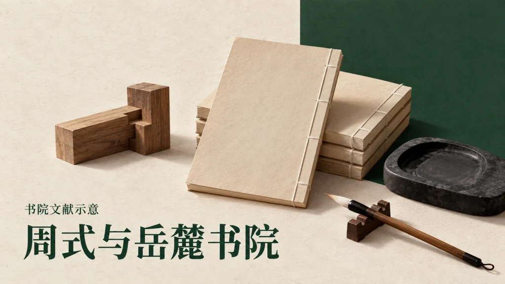 木构榫卯、线装书、砚台和毛笔组成的周式与岳麓书院文献意象示意