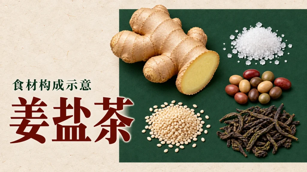 姜盐茶主题，姜盐芝麻豆子茶的五类食材构成示意：姜、盐、豆子、芝麻、茶叶