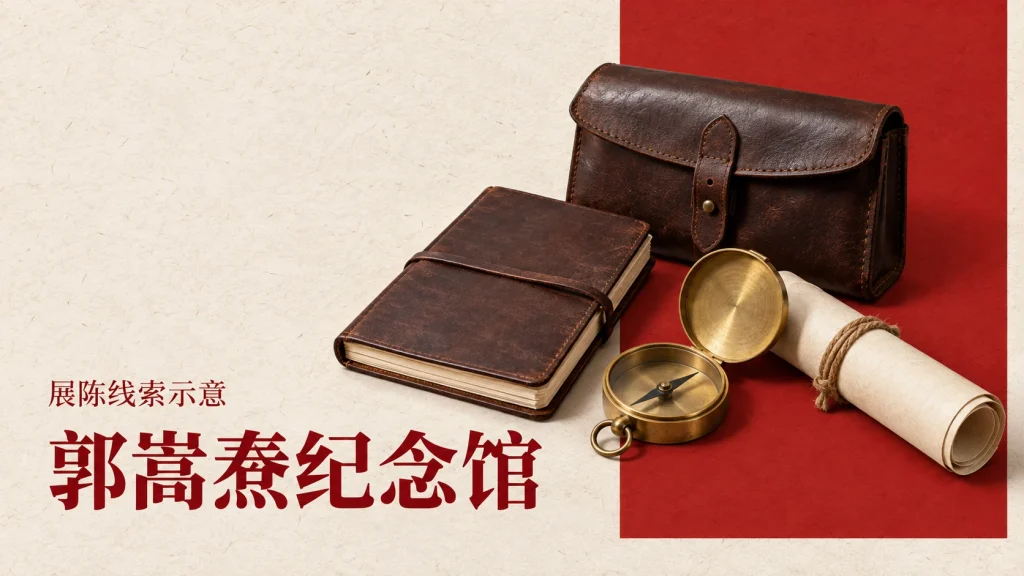 皮质公文包、黄铜指南针、望远镜和卷轴组成的郭嵩焘纪念馆展陈线索示意