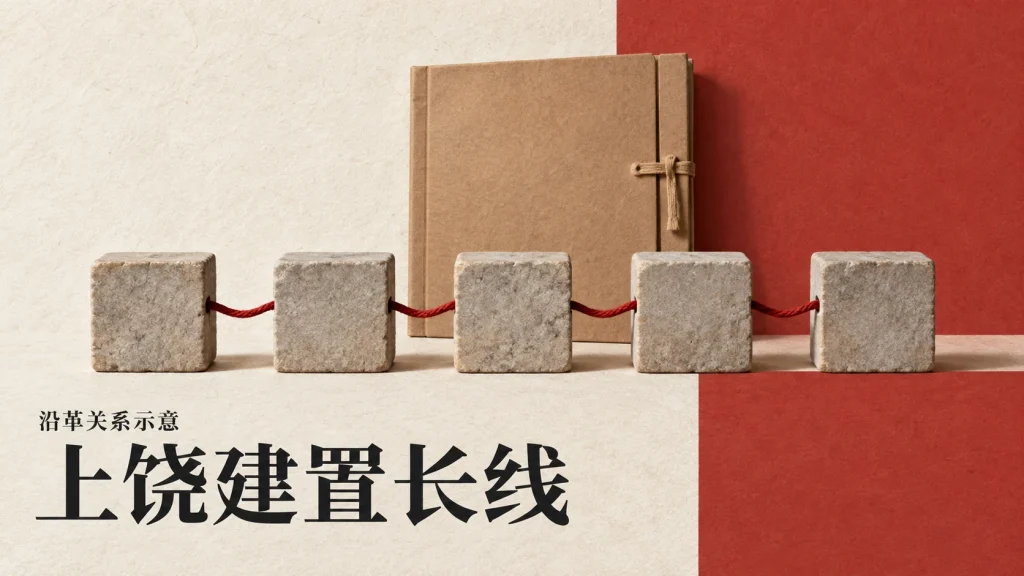 五块石质节点以红绳串联组成的上饶两千二百年建置沿革示意
