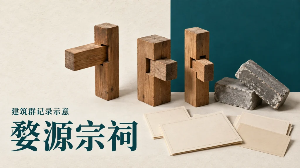 木构榫卯模型、瓦片与图纸组成的婺源宗祠建筑群研究示意