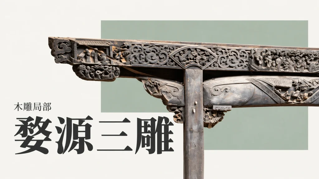 婺源篁岭木雕梁柱局部，仅呈现三雕中的木雕