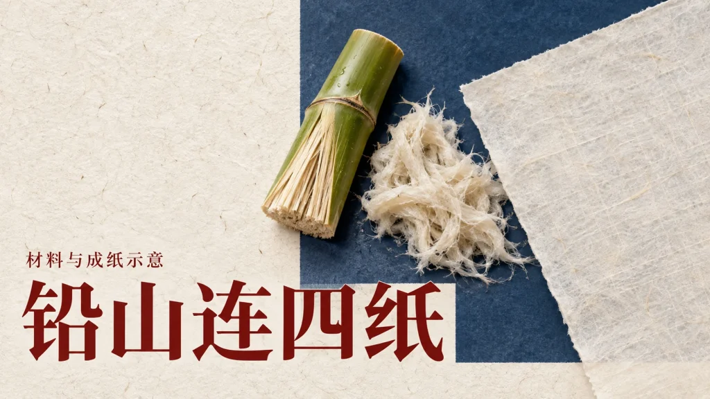 铅山连四纸的嫩毛竹原料、纤维浆料与成纸材质示意