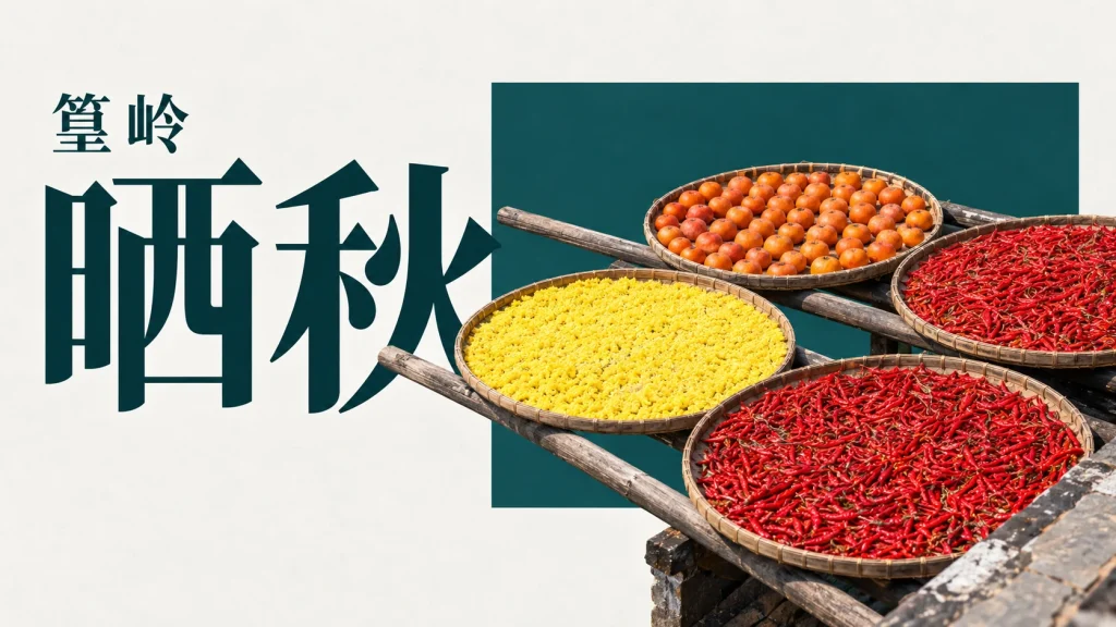 篁岭木架上的晒盘与红黄色作物，依据2017年照片改编图