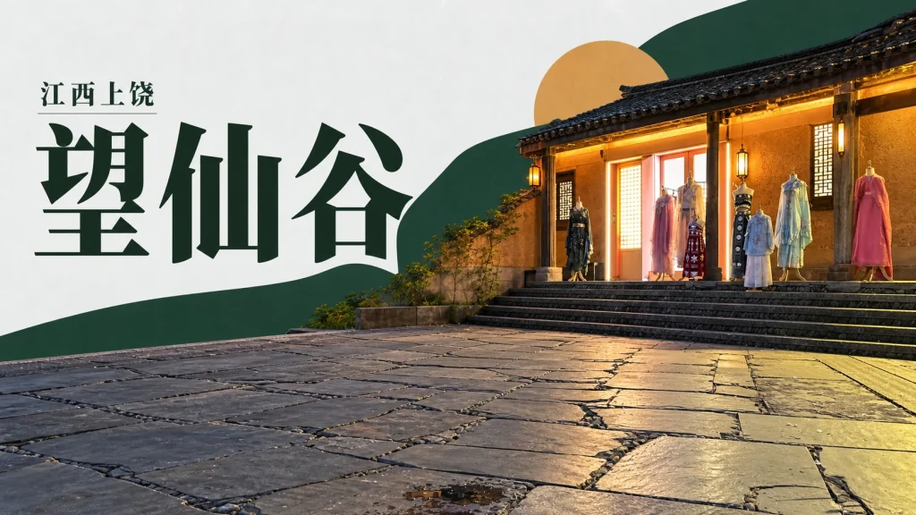 上饶望仙谷当代景区的石板场地与亮灯建筑，非历史古村原物