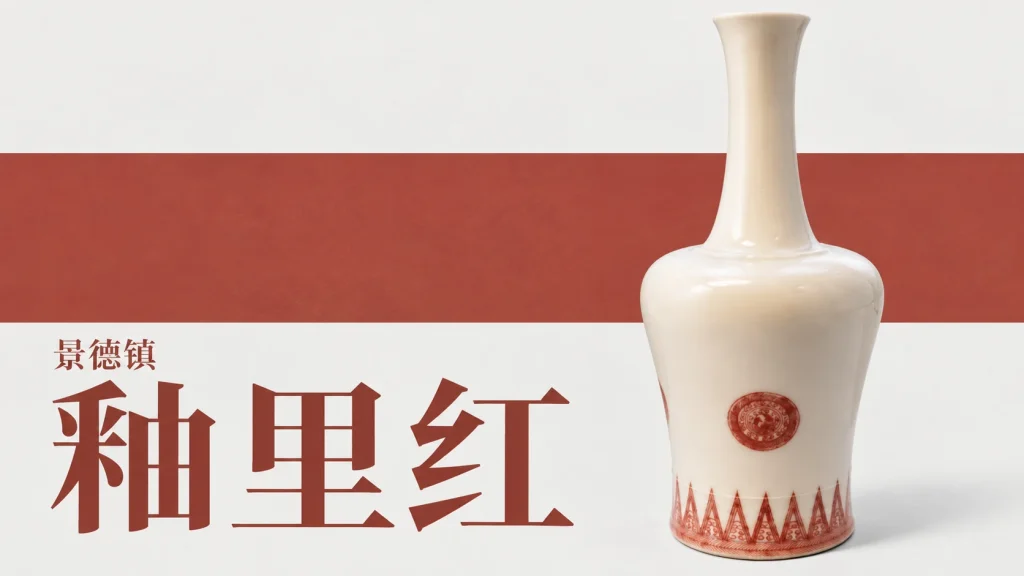 白地长颈瓶腹部的釉里红团纹与足上红色边饰