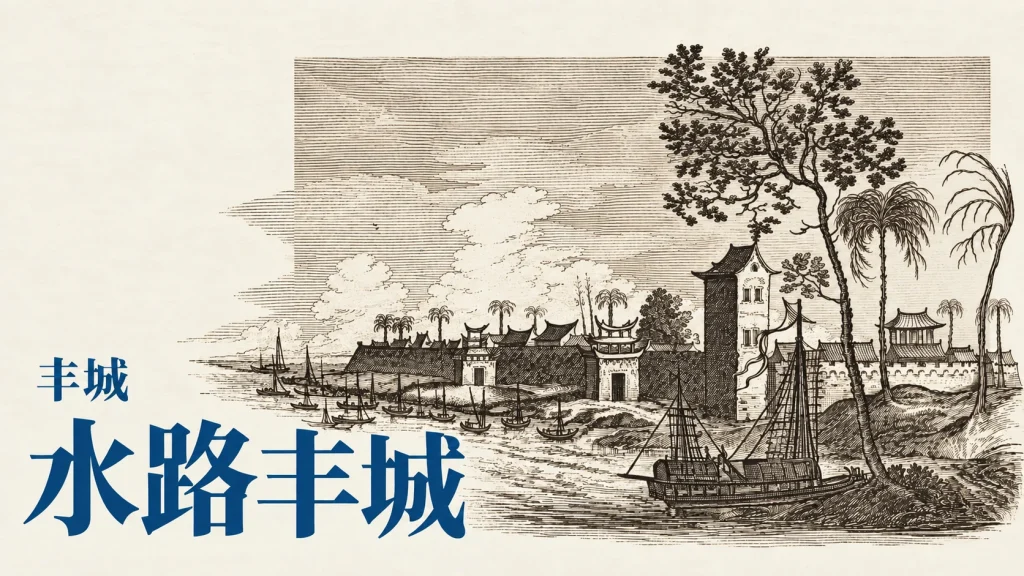1665年欧洲出版物中的丰城河港、船只与城墙版画，非实景照片