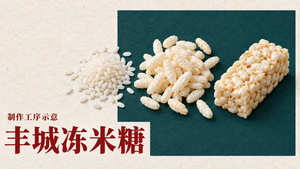 丰城冻米糖从糯米、膨化米花到压切成块的物态变化示意