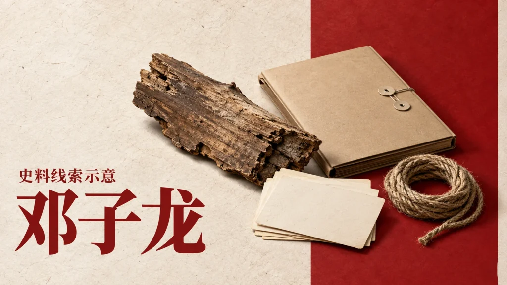 甲片、册页、缆绳和地图碎片组成的邓子龙生平史料线索示意