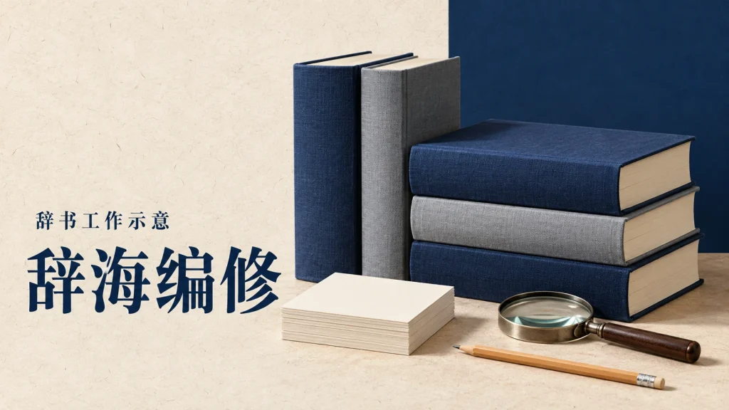 蓝色精装辞书、索引卡片和放大镜组成的夏征农主持《辞海》编修工作示意