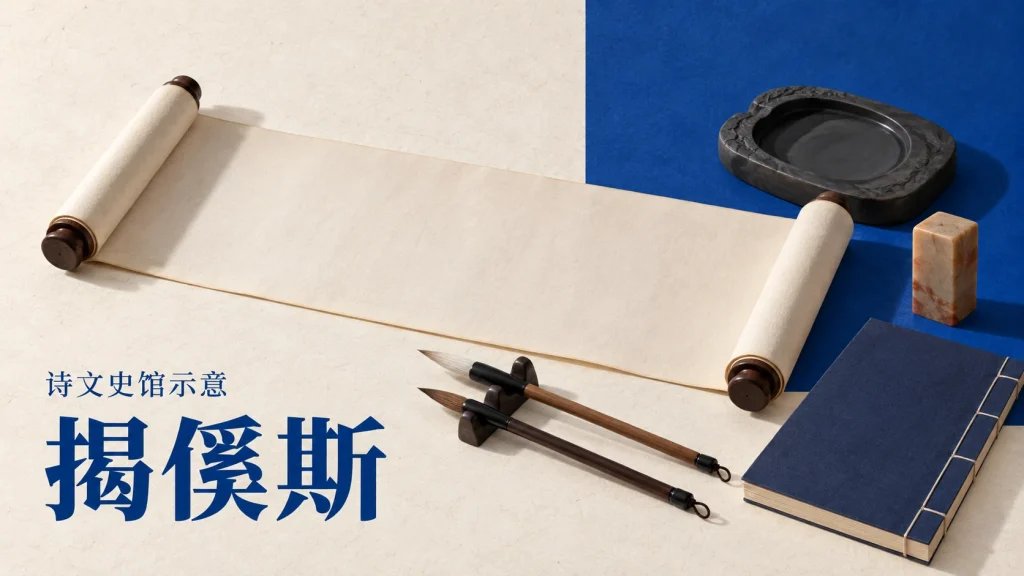 展开的卷轴、砚台、毛笔和线装书组成的揭傒斯诗文与史馆工作示意